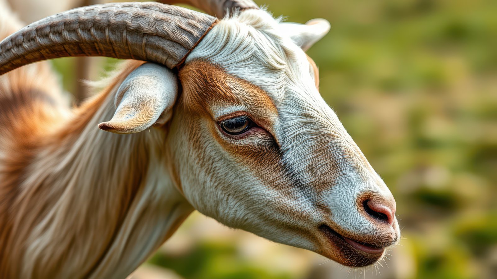 Close-up of a goat with distinctive features in a green pasture during daylight hours